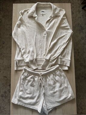 aerie Oatmeal Ribbed Collared Pullover & Drawstring Shorts Set